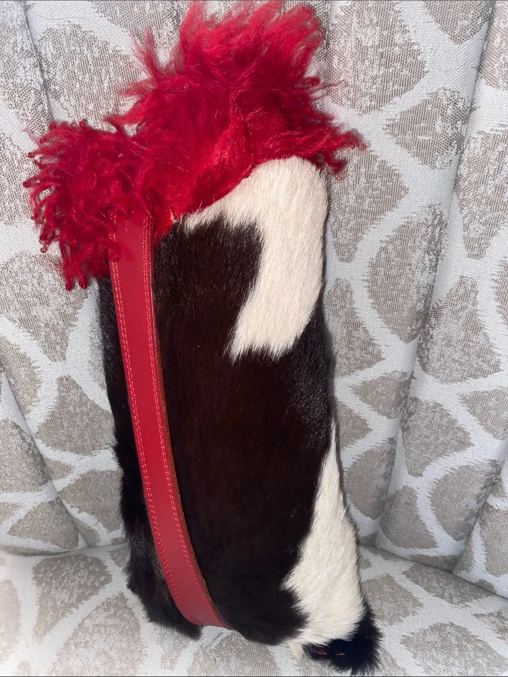 Red Leather & Cowhide Fur Decorative Throw Pillow with Red Mohair Trim